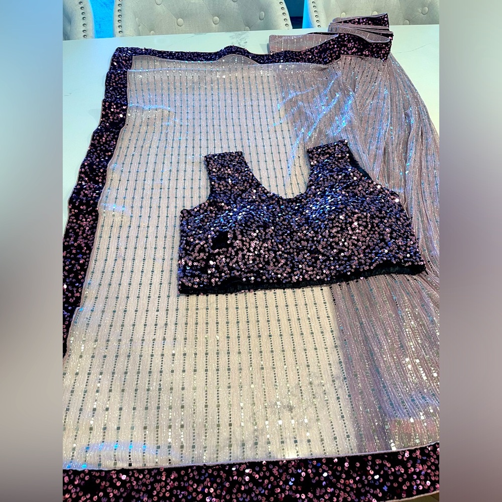 Brand New Never Worn Black and Lavender Sequins Sari with Blouse